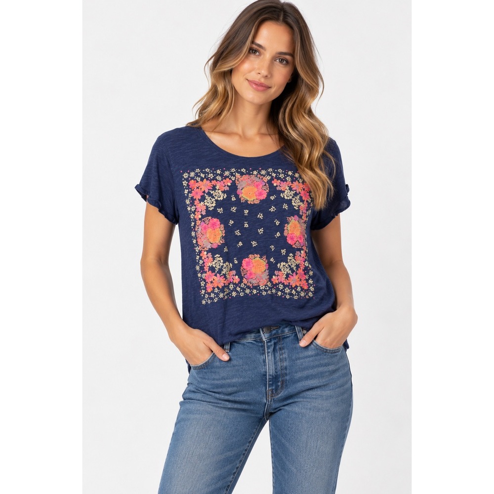 Natural Life 100% Cotton Blue T-Shirt Floral Slub Knit Raw Hem Boho Womens Small